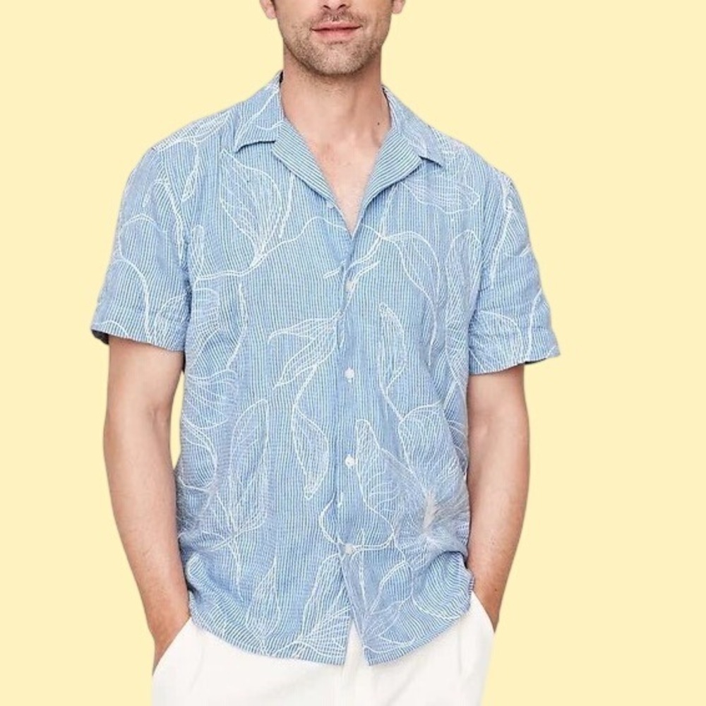 Banana Republic Mens Embroidered Linen Cotton Resort Shirt Blue Stripe Medium